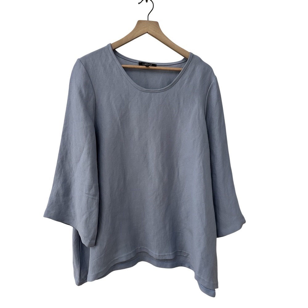 LBisse Blouse XL‎ Blue Linen Blend 3/4 Sleeve Sharkbite Hem Tunic Made in USA